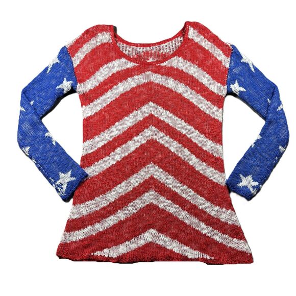 Judith March Sweater Open Knit Stars Stripes Festival USA Coastal RWB Large F146 - Picture 1 of 9